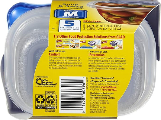 Glad GladWare Medium Rectangle Food Storage Containers with Lids, BPA Free Plastic for Soups Salads and Meal Prep, Airtight Leak Resistant, Microwave Dishwasher Freezer Safe, 24 Oz, 5 Count