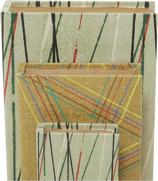 Deco 79 Faux Leather Abstract Decorative Box Faux Storage Book Book Shaped Boxes with Colorful Linear Patterns, Set of 3 Decorative Keepsake Boxes 12", 9", 6"H, Green