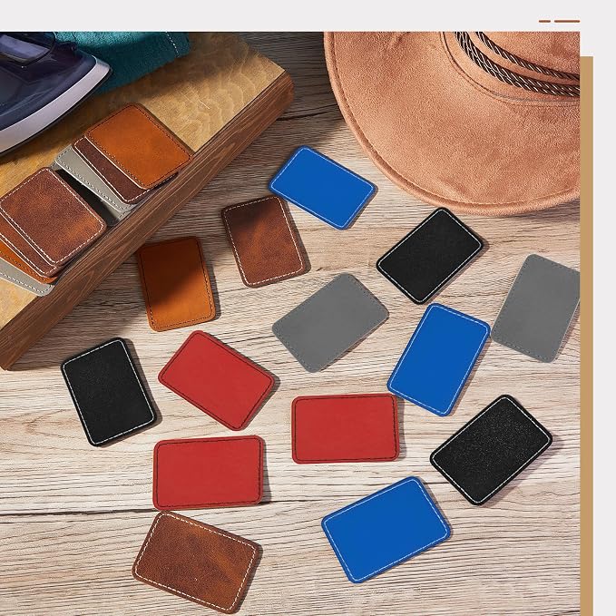 Dunzy 60 Pcs Leather Hat Patches Blank Leatherette Hat Patch with Adhesive Rectangle Laserable Leatherette Patch for Hats Custom Fabric Sew Laser Engraving DIY(Dark Colors,3 x 2 Inch)