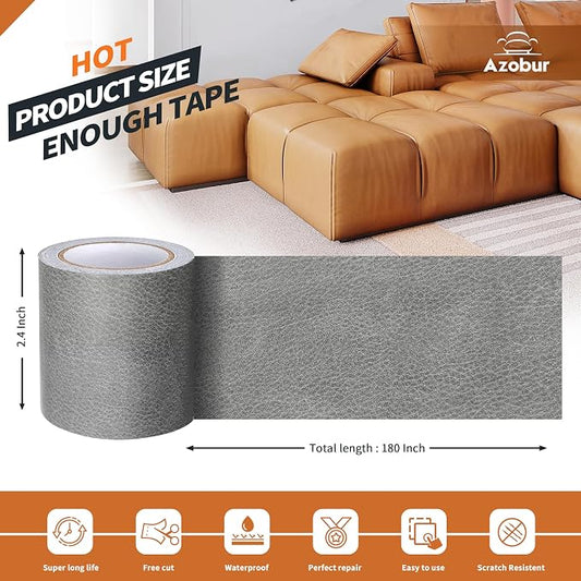 Azbour Leather Repair Tape Patch, 2.4''x15' Super Adhesive, Self-Adhesive Leather Patch for Restoration and Refurbishment of Sofas, Car Seats, Furniture, Vinyl Furniture, Chairs.(Gray)