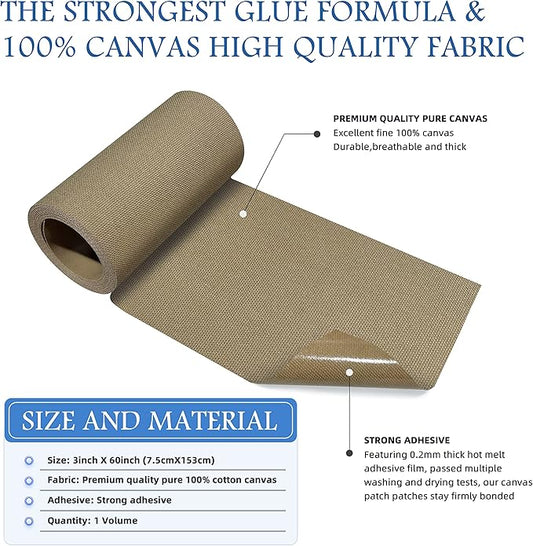 KING MOUNTAIN Canvas Iron on Patch,3"×60",Waterproof 100% Cotton Fabric Repair Patch,Used for Various Sofa,Tent,Clothes,Seats,Suitcases (Light Brown)