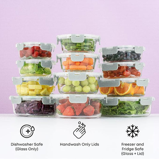JoyJolt 24pc Borosilicate Glass Storage Containers with Lids | 12 Airtight/Freezer Safe Food Storage Containers for Pantry and Kitchen | Meal Prep Container for Lunch | Glass meal Set