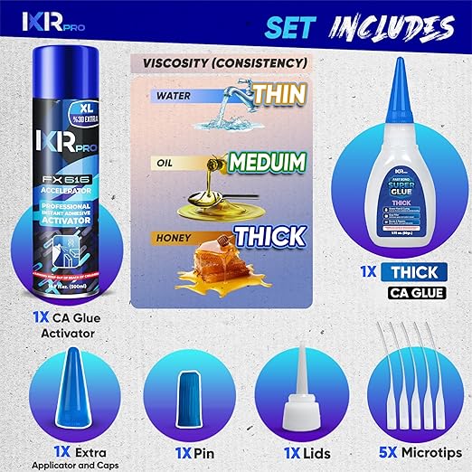 CA Glue with Activator Kit 1.75 oz Thick Viscosity Cyanoacrylate Glue 16.9 oz Activator Spray Heavy-Duty SuperGlue for Gap-Filling, Wood, Metal, Plastic, Furniture Repair, Vertical, Overhead Surface