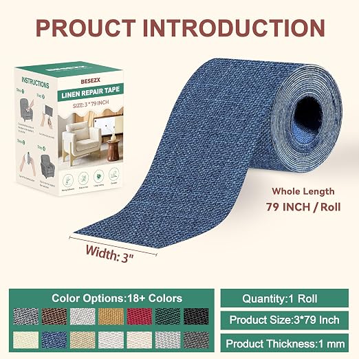 BESEZX Linen Fabric Repair Tape, 3x79 Inch Self Adhesive Repair Patches, Couch Fabric Tape for Furniture, Sofa, Chair, Upholstery.(Blue)