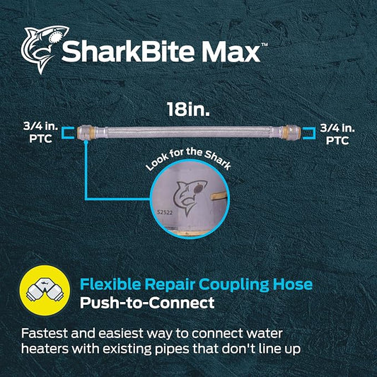 SharkBite Max 3/4 Inch x 3/4 Inch x 18 In. Braided Flexible Repair Coupling Hose, Push-to-Connect Brass Plumbing Fitting, UR3016FX18