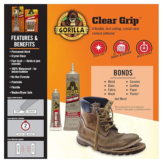Gorilla Clear Grip Waterproof Contact Adhesive; Fast-Setting; Waterproof; Flexible; Permanent Bond; 3 Ounce Tube; Crystal Clear (Pack of 6)
