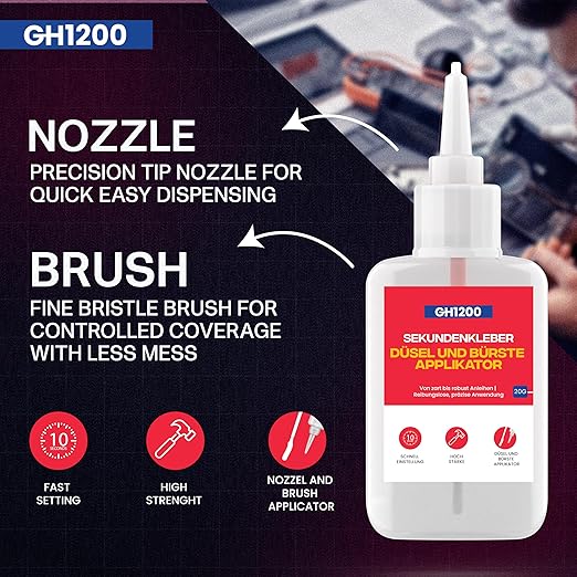 GH1200 2 PCs (2-in-1) Super Glue with Brush Applicator & Nozzle, Mess Free Superglue Brush, Instant Never Dries, 3000 CPS Ca Glue, No Stain Clear Glue, Super Glue for Plastic, Rubber & More