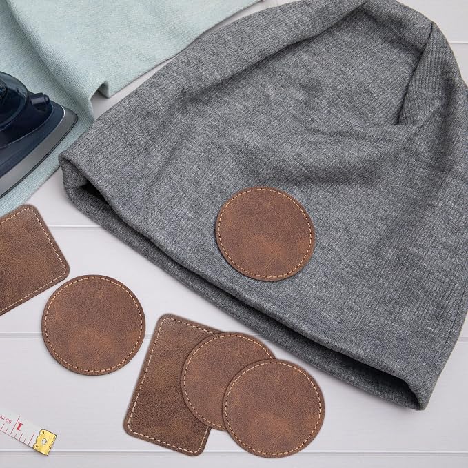 SmallCat 10 PCS Square Round Leather Patches for Hats, Iron on Blank Patches, Artificial Leather Patches for Laser Engraving, Repair Patches for DIY Sewing Crafts, Hats, Jackets - Dark Coffee, Brown