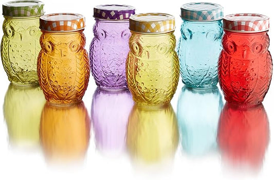 Style Setter 206242-6GB Owl Colors 6 Piece Glass Jar Set- Glass Canister with Airtight Metal Lids, Multi Colors, "2.5 x 2.5 x 5.25"""