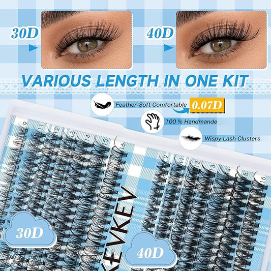 Lash Clusters Kit 280 Pcs Volume Eyelash Clusters 30D+40D D Curl Lash Extension Kit 9-16mm Individual Lashes Thin Band,With Lash Bond and Seal Tweezers For Self Use(30D+40D,9-16mm)