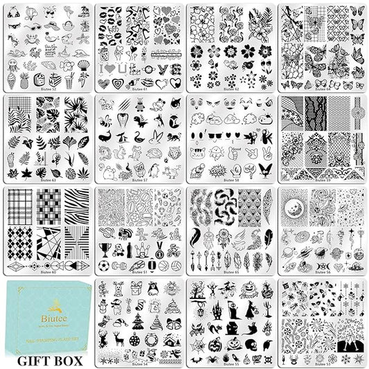 Biutee Nail Stamping Plates Set 15PCS Nail Art Stamper Scraper Nail Art Stamping Kit with Storage Bag Gift Box Nail Stamp Template Kit Lace Flower Butterfly Star Holiday Design