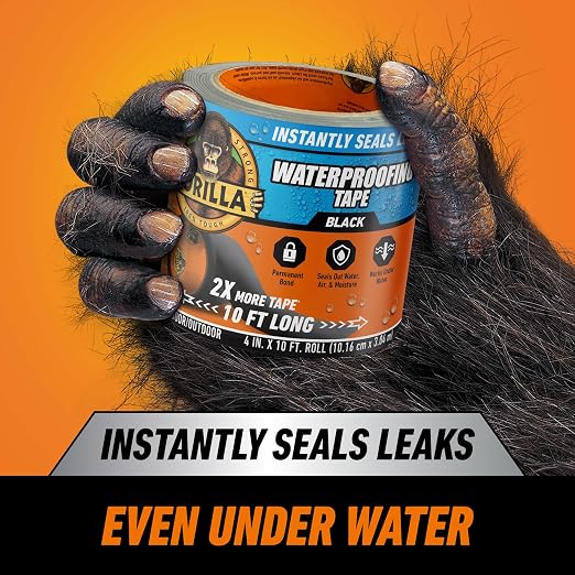 GORILLA Waterproof Patch & Seal Tape, Black Tape, 4" x 10' (Pack of 3) - Permanent Weather Resistant Seal for Leaks and Repairs