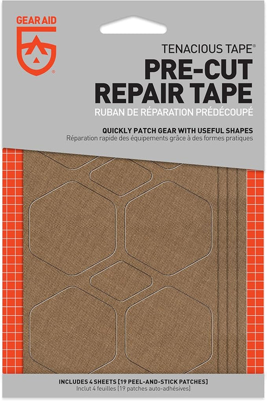 GEAR AID Tenacious Tape Repair Patches – Peel-and-Stick Nylon Gear Patches for Jackets, Tents, Sleeping Bags, Backpacks, and Outdoor Gear – Fix Rips, Tears, and Holes, 19 Various Sizes, Coyote