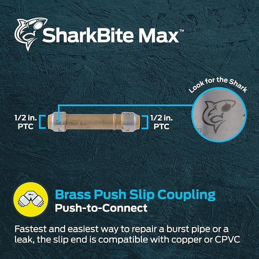 SharkBite Max 1/2 Inch Slip Coupling, Push to Connect Brass Plumbing Fitting, PEX Pipe, Copper, CPVC, PE-RT, HDPE, UR3008A