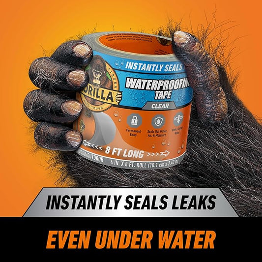 Gorilla Waterproof Patch & Seal Tape, Clear Tape, 4" x 8' (Pack of 2) - Permanent Weather Resistant Seal for Leaks and Repairs