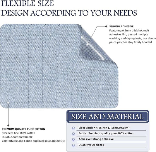 KING MOUNTAIN Iron-on Repair Patch 20 Pcs Pack,Denim Patches for Jeans Kit 3" by 4-1/4",100% Cotton Denim Iron-on Repair Patch,Jeans and Clothing Repair and Decoration Kit (Light Blue)