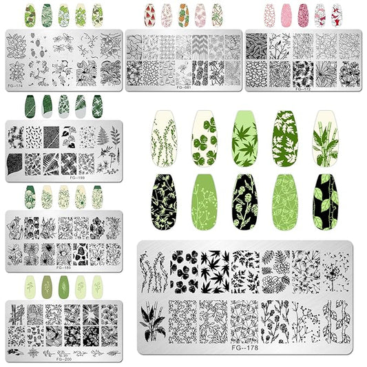 AddFavor Nail Stamper Kit - 7pcs Flower Leaves Stamping Plate with Silicone Stamper and Scraper, Animal Image Nail Stencils, Design Supplies
