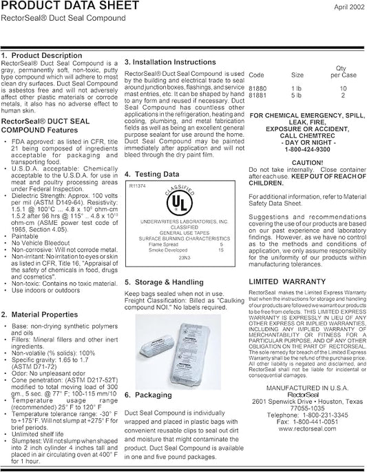 RectorSeal Duct Seal 81881 Duct Seal Compound, Easy Application, HVAC, 5 lb (Pack of 2)