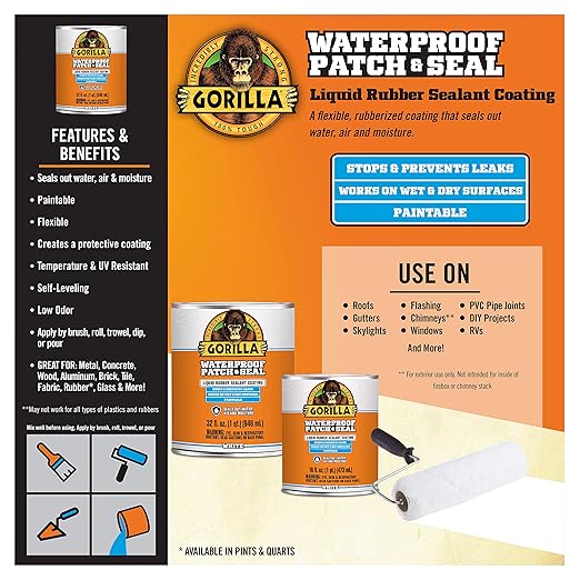 Gorilla Patch & Seal Liquid Rubber Waterproof Sealant, White, 32 Ounce (Pack of 6) - Seals Out Water, Air, and Moisture