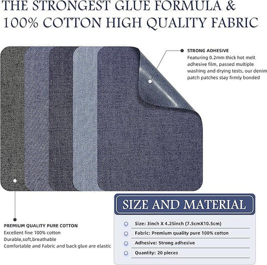 KING MOUNTAIN Iron-on Repair Patch 20 Pcs Pack,Denim Patches for Jeans Kit 3" by 4-1/4",100% Cotton Denim Iron-on Repair Patch,Jeans and Clothing Repair and Decoration Kit (Five Color 1.0)