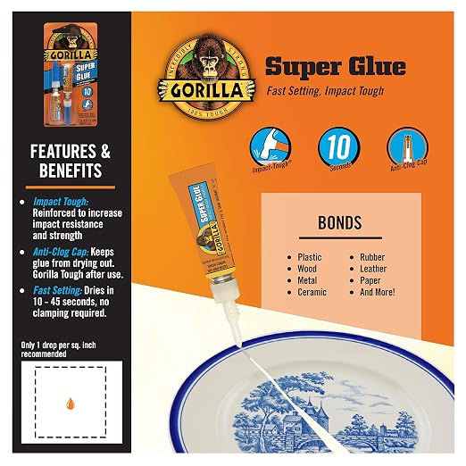 Gorilla Super Glue, Fast‑Setting, Impact‑Tough All‑Purpose Adhesive with Anti-Clog Cap, 4 -3 g Tubes, (Pack of 1) - Clear