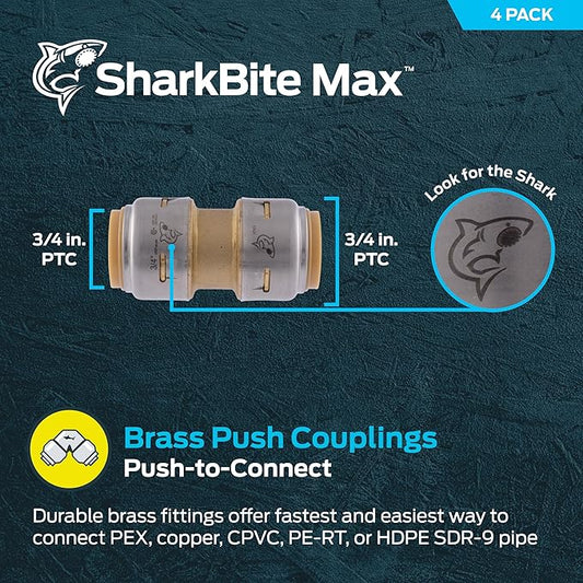 SharkBite Max 3/4 Inch Coupling, Pack of 4, Push to Connect Brass Plumbing Fitting, PEX Pipe, Copper, CPVC, PE-RT, HDPE, UR016A8