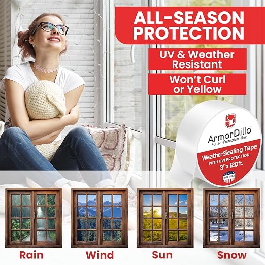 ArmorDillo Transparent Window Weather Sealing Tape, w Free Utility Knife, 3 inch X 120FT (40 YDS) - Clear Weather Stripping Tape, Draft Isolation & Insulation, No Residue, for Windows, Doors, AC & RV