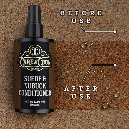 Care & Cool Suede and Nubuck Conditioner, Renovator, and Protector (8 Fl Oz). Your Best Choice for Waterproofing and Rejuvenating The Delicate Structure Against The Elements and Abrasive Impurities.