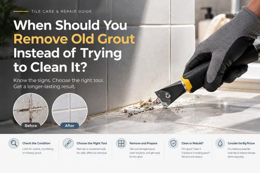 Gloved hand scraping old grout beside white tiles, with before-and-after grout comparisons and repair tips.