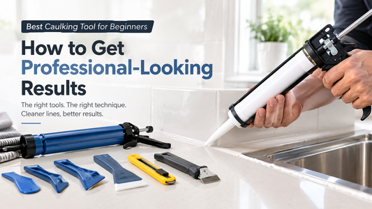 Caulking gun applying sealant around a kitchen sink with finishing tools, a utility knife, and a removal tool.