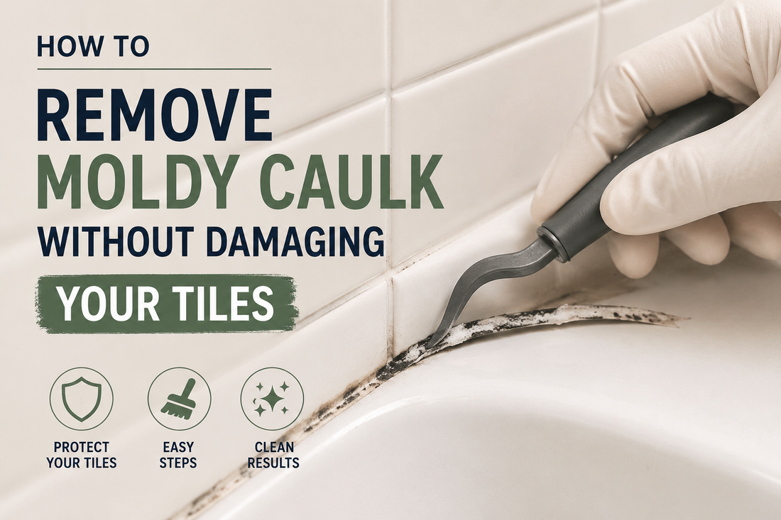 Removing moldy caulk from bathroom tiles using a caulk removal tool