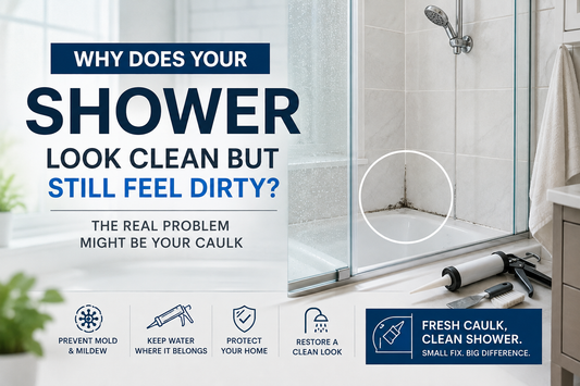 Shower with dirty caulk showing mold, mildew, and discoloration around tile edges