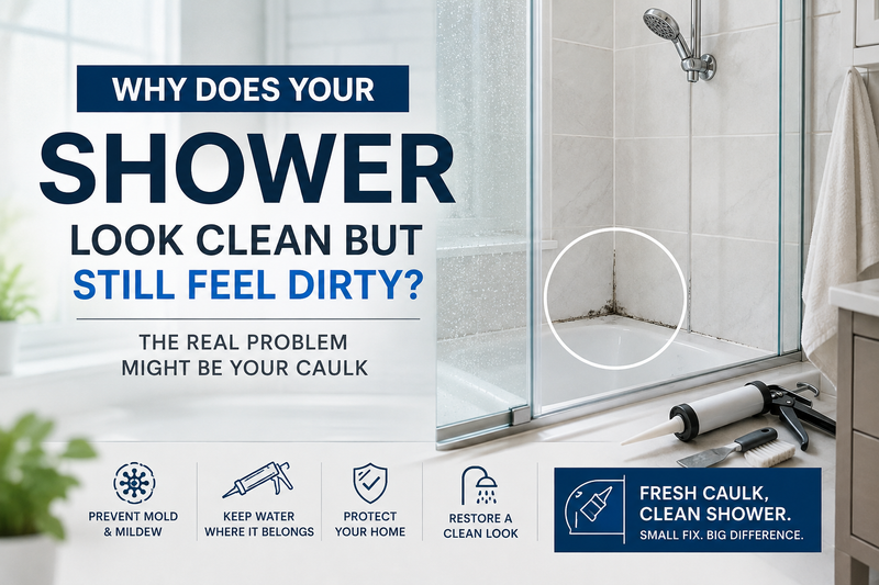 Shower with dirty caulk showing mold, mildew, and discoloration around tile edges
