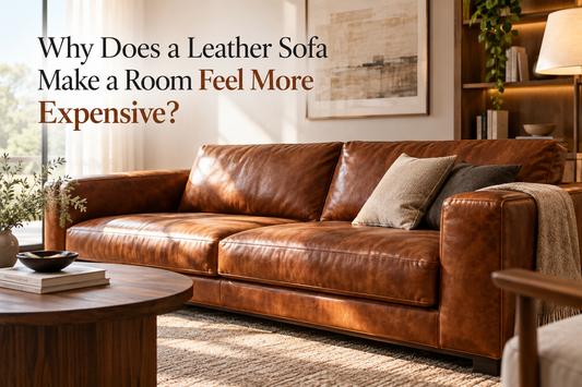 Brown leather sofa in a neutral living room that looks more expensive