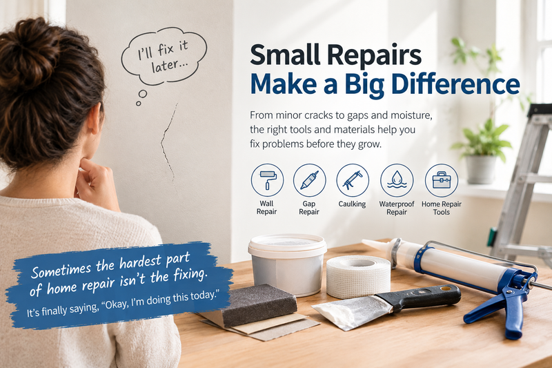 Small wall crack and home repair tools for a DIY repair project