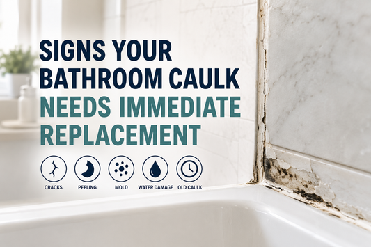 Signs of damaged bathroom caulk including cracks, peeling, and mold