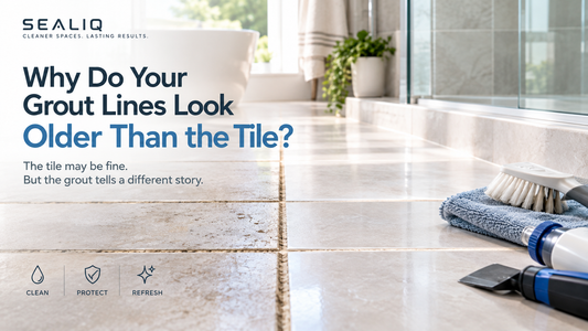 Tile surface with worn grout lines that make the room look older