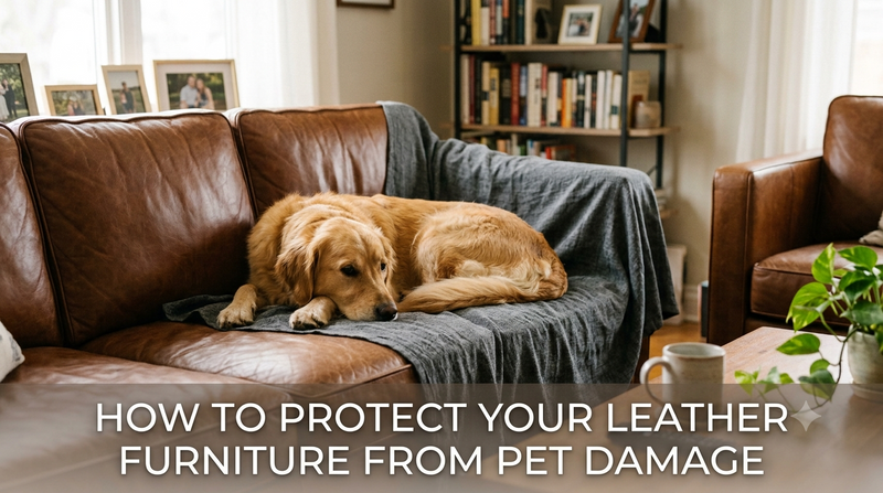 Leather sofa with a cat resting on it, showing how to protect leather furniture from pet scratches