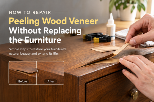 Repairing peeling wood veneer on a wooden cabinet, with a before-and-after comparison
