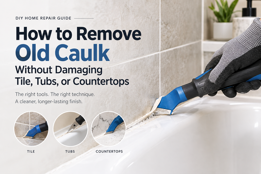 Gloved hand using a blue caulk removal tool along a tiled bathtub joint, with examples for tile, tubs, and countertops