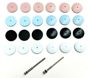 Silicone Polishing Wheel Set of 26 Silicone Polishing 7/8" Wheel Kit Assortment 24 Pieces + 2 Mandrels 4 Grades - Coarse White/Medium Black/Fine Blue/Extra Fine Pink Made in Germany by JTS