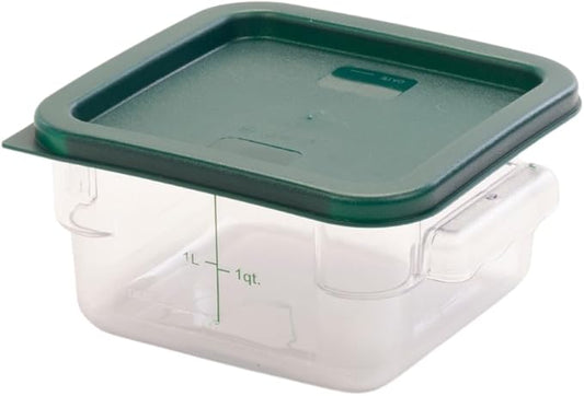 FSE Square Food Storage Container with Green Lid, 2 Quart, Polycarbonate, Reusable, Clear, NSF