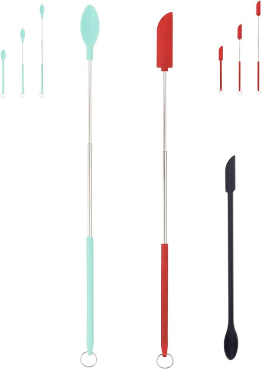 Mini Silicone Spatula Set Stretchable Makeup Spatulas Small Scooper and Spoon 2-in-1Tiny Spatula for Kitchen Bottle Beauty Jar, Adjustable Size and Reusable, 3Pcs