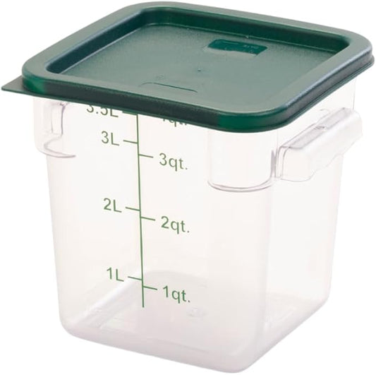 FSE Square Food Storage Container with Green Lid, 4 Quart, Polycarbonate, Reusable, Clear, NSF