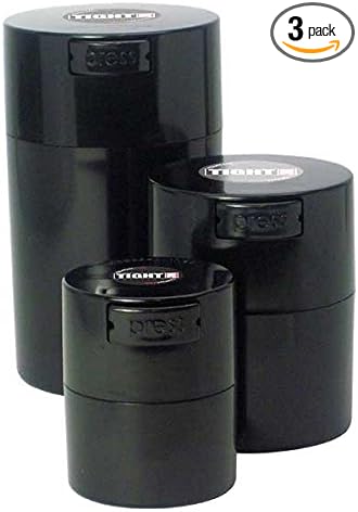 Tightvac Set of 3 - Patented Airtight Container | Multi-use Vacuum Container Works as Smell Proof Containers for Herbs and Dry Goods. Black Caps and Black Bodies