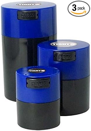 Tightvac Set of 3 - Patented Airtight Containers | Multi-use Vacuum Containers Work as Smell Proof Containers for Herbs, Dry Goods and Food. Blue Caps and Black Body