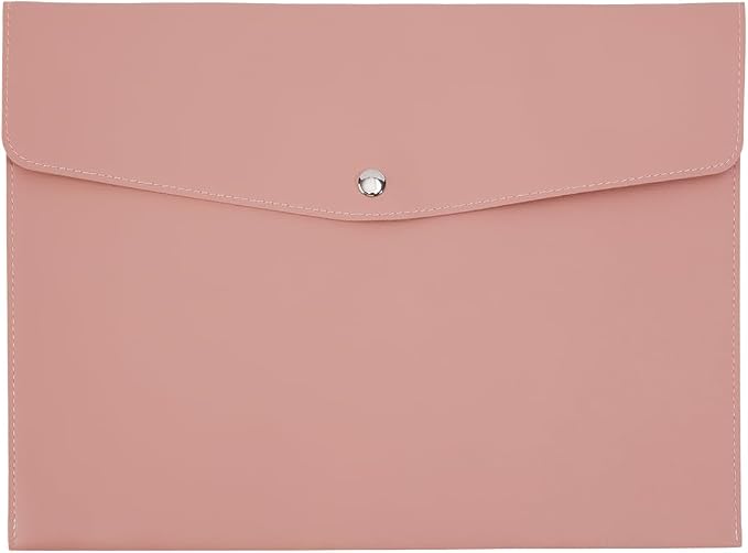 CRASPIRE PU Leather File Folder A4 Size Document Folder Travel Envelope Portfolio Case Bag File Sleeve Storage Organizer with Alloy Button Closure for Tablet Home School Office Stationery Light Salmon