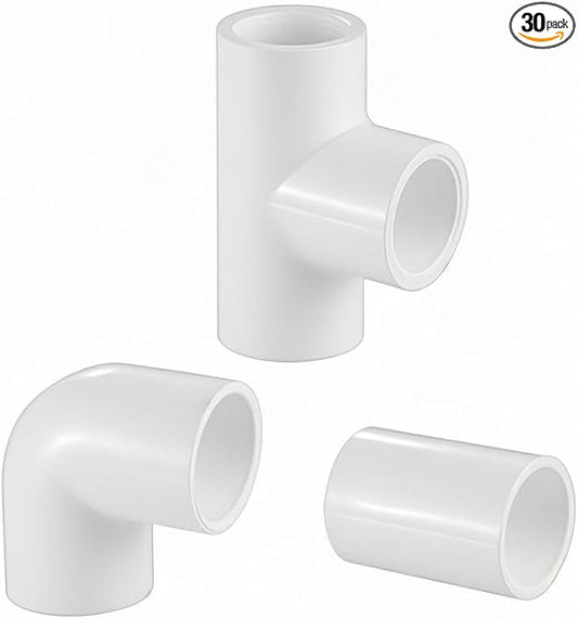 LESSO 30 Pcs 1/2 Inch PVC Fittings Set, Includes Tee Fittings, Couplings, 90 Degree Elbows, Furniture Grade, Sch40 White for DIY Projects, Greenhouse, Shed, Plumbing, and Building