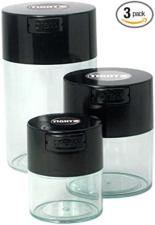 Tightvac Set of 3 - Patented Airtight Container | Multi-use Vacuum Container Works as Smell Proof Containers for Herbs and Dry Goods. Black Caps and Clear Bodies