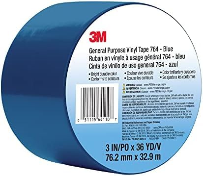 3M Vinyl Tape 764, General Purpose, 3 in x 36 yd, Blue, 1 Roll, Light Traffic Floor Marking Tape, for Social Distancing, Color Coding, Safety, Bundling (Pack of 12)